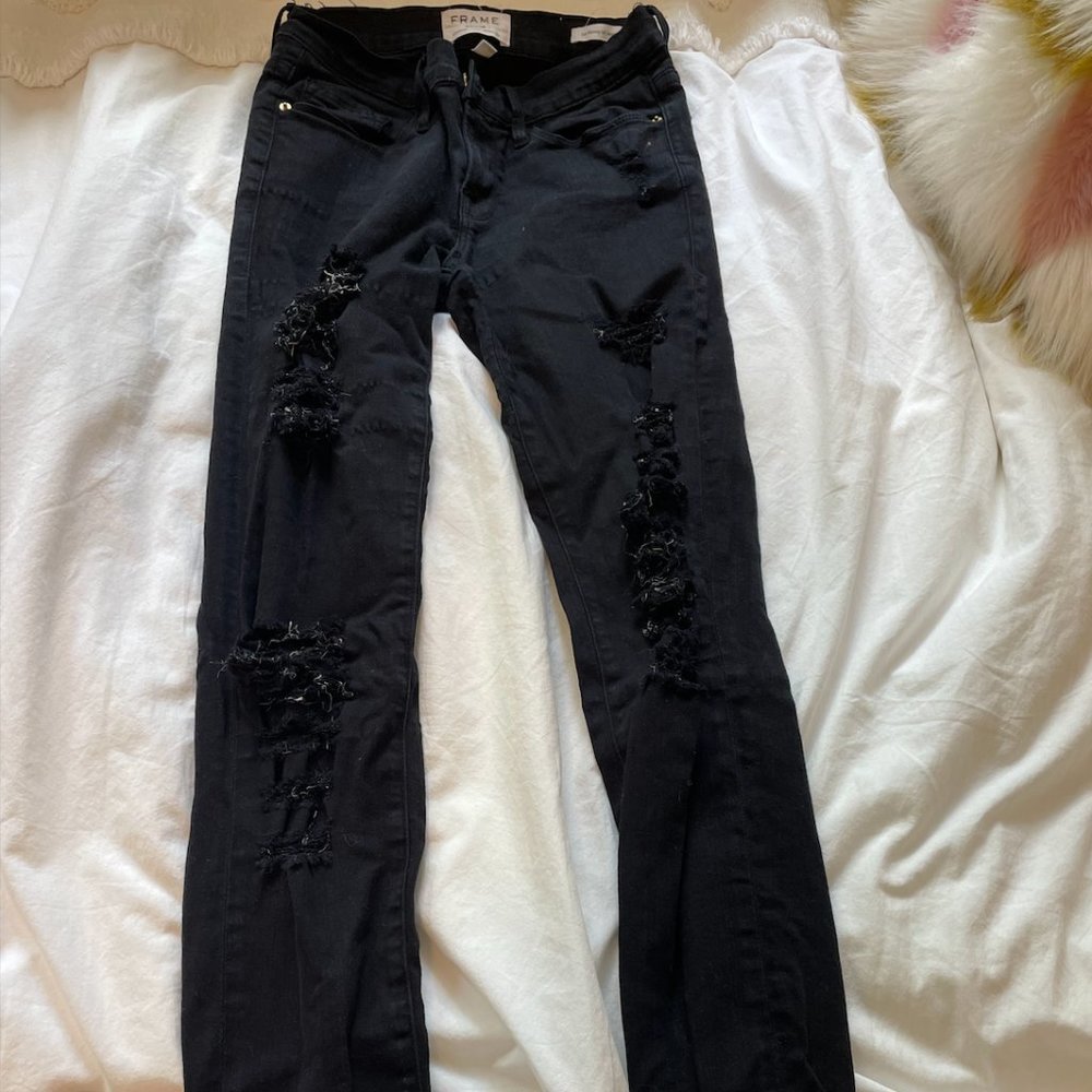 Frame Denim Black Ripped Skinny Jeans Size 25